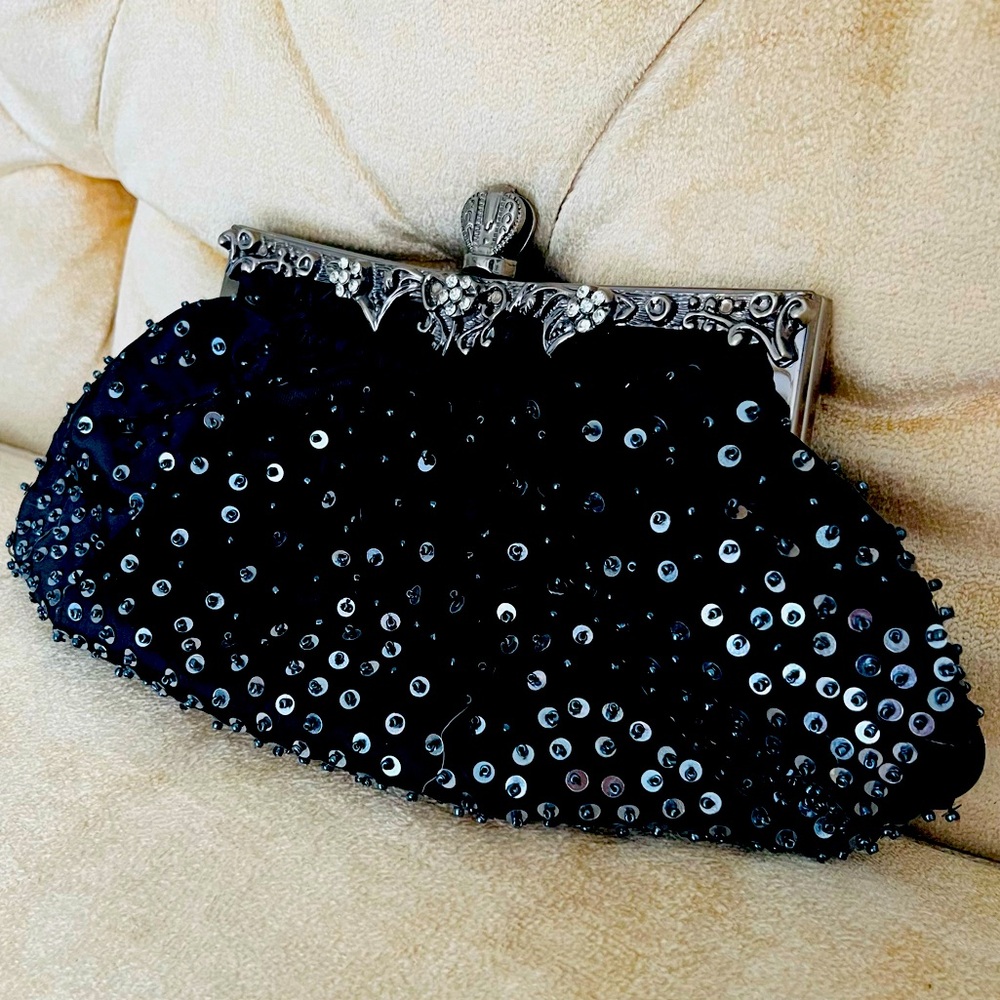 Vintage Kate Landry Black Beaded Satin Clutch Handbag Shoulder Bag Studded NWOT